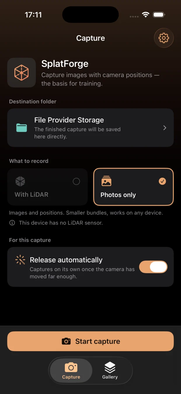 The capture app's start screen: destination folder, LiDAR or photos only, automatic shutter.