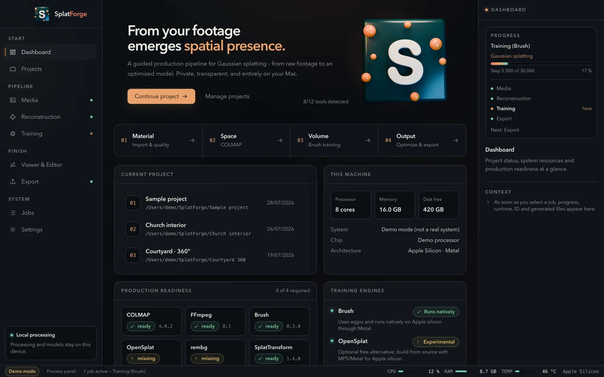 The SplatForge dashboard: project list, machine summary, production readiness and training engines.