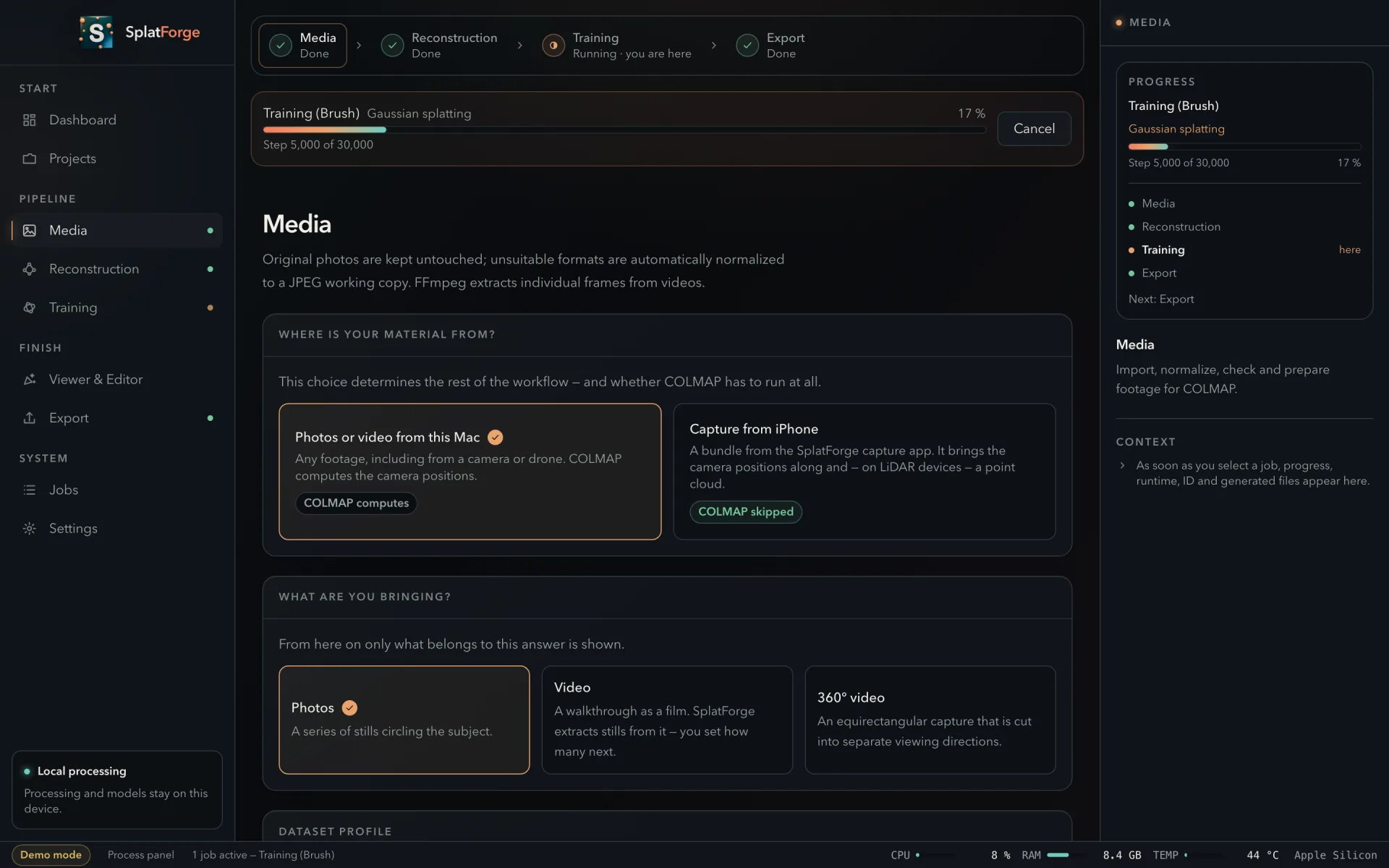 The Media view asking where the material comes from, what kind it is, and which dataset profile applies.