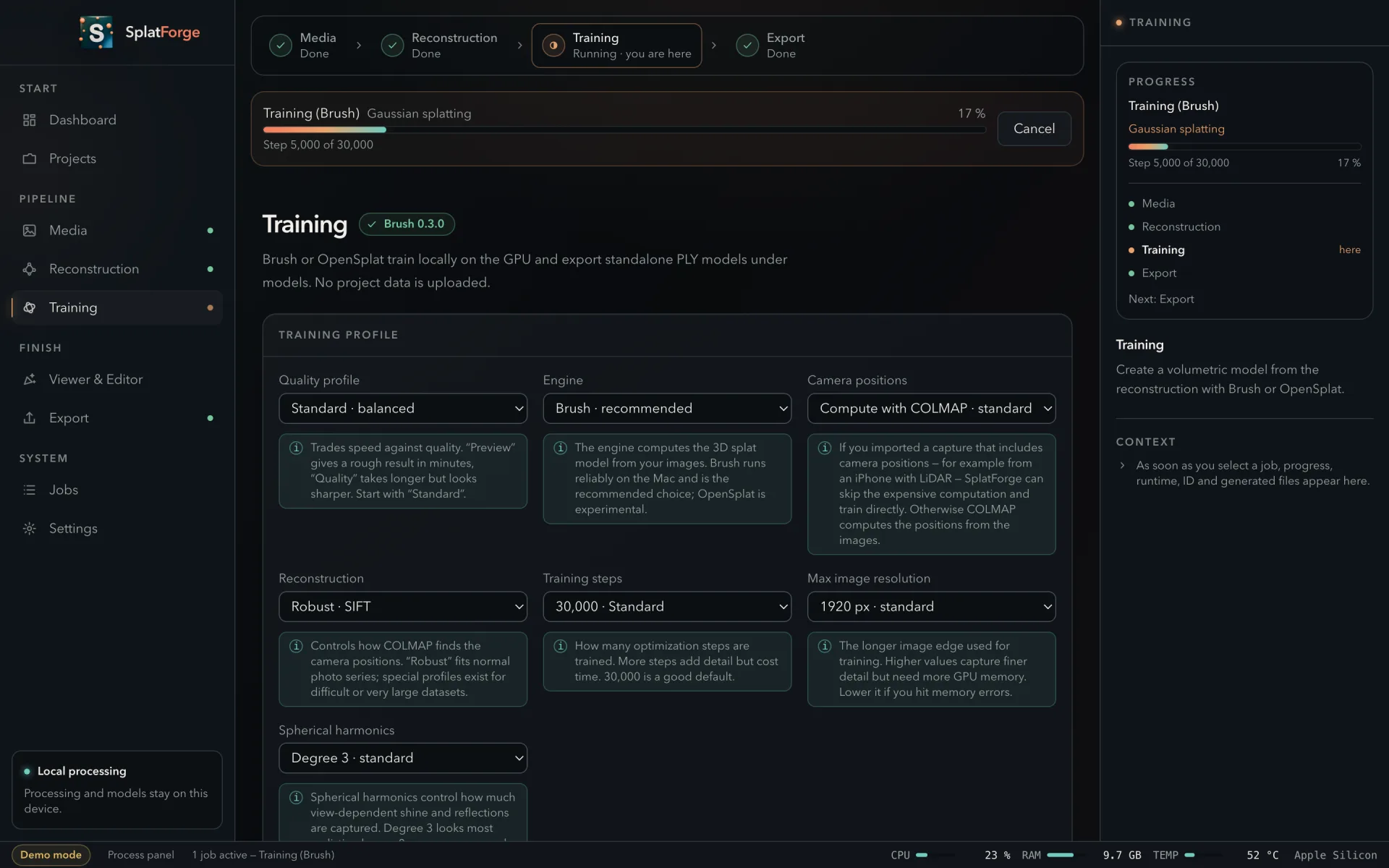 The Training view with quality profile, engine selection and camera position source.