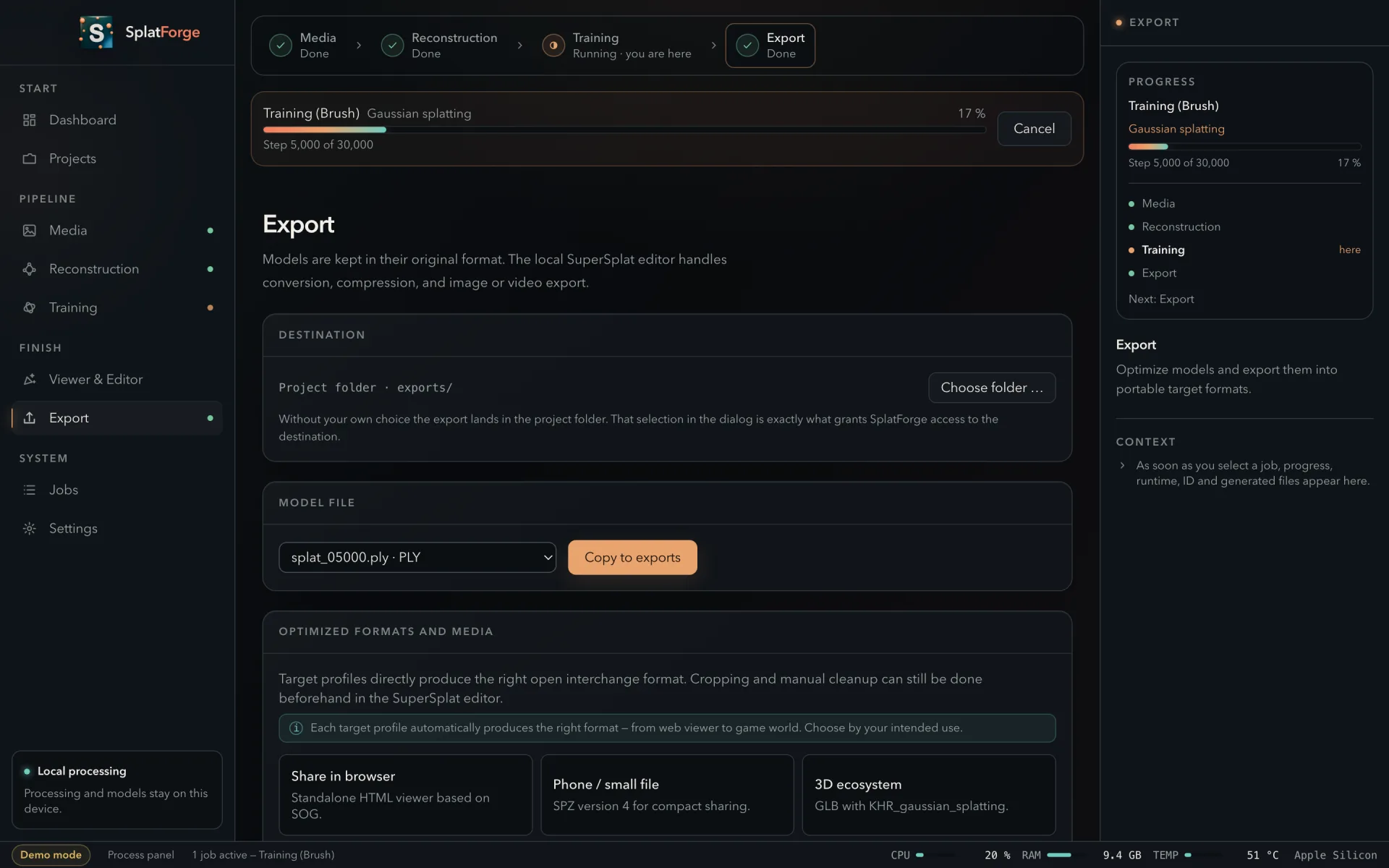 The Export view with the destination selector, model file and optimized formats.