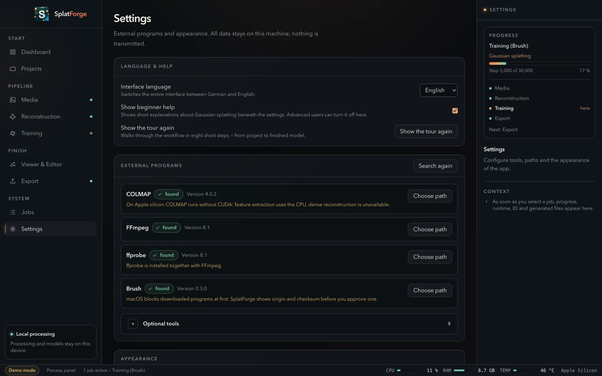 Settings showing detected external programs with their versions and paths.
